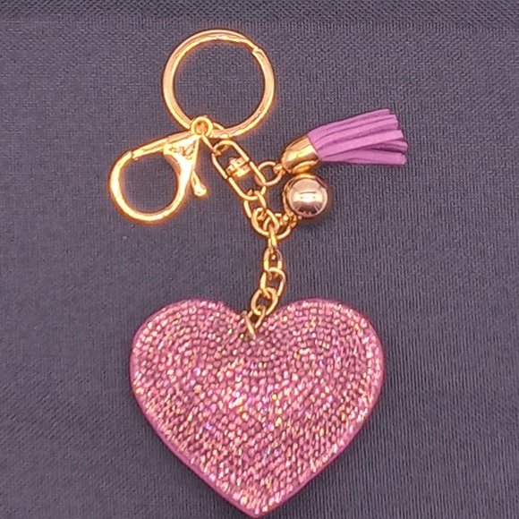 NEW Crystal Rhinestone Purple Heart Purse Charm Key Ring Chain Ring Zipper Gold - Picture 2 of 13